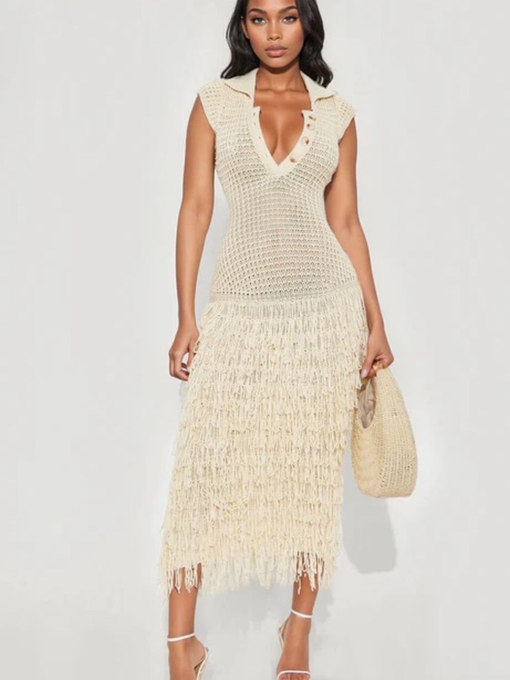Fashion Nova Catalina Cream Crochet Fringe Midi Dress